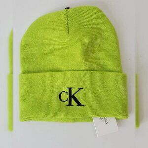 CALVIN KLEIN BEANIE HAT MEN'S EMBROIDERED MONOGRAM LOGO BLACK ONESIZE GREEN NEON